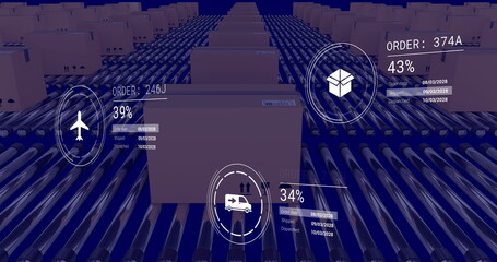 Image of icons with data processing over boxes on conveyor belt