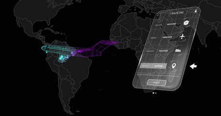 Image of digital interface with icons and data processing over digital plane on black background