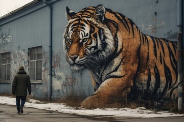 tiger street art on grey wall