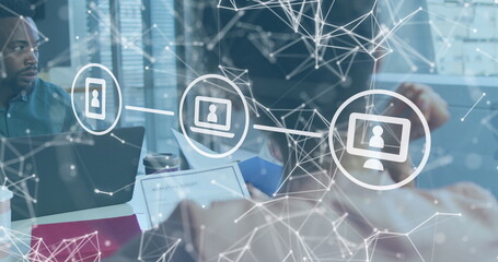 Image of media icons and shapes over diverse business people in office