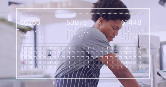 Image of data processing over biracial male shop assistant cutting cheese