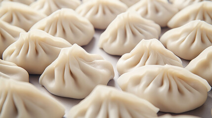 A cinematic close-up of a variety of dumplings placed on a clean white surface. Generative AI