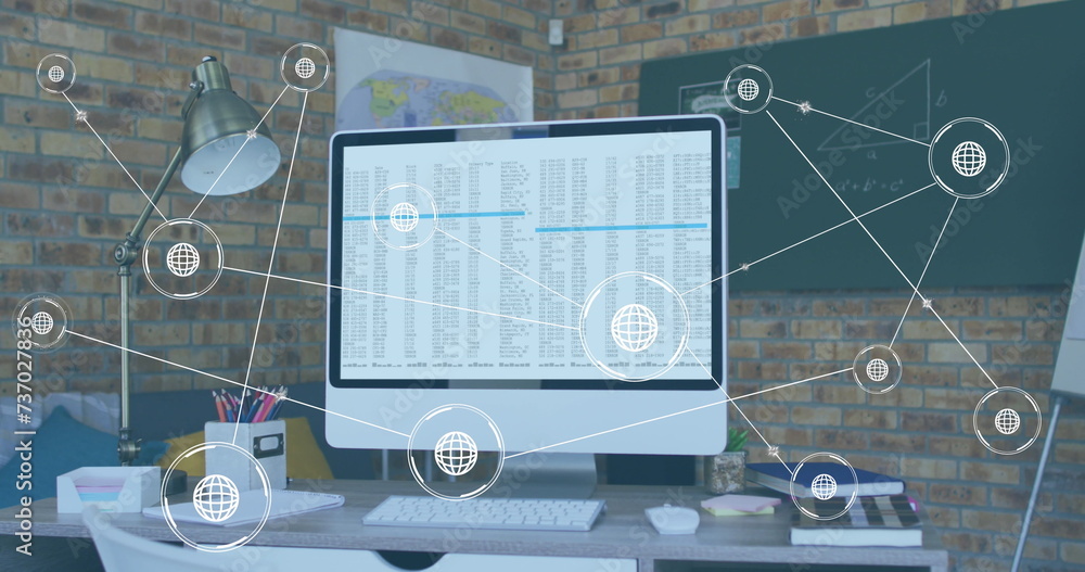 Poster image of network of conncetions with icons over computer with data processing on desk