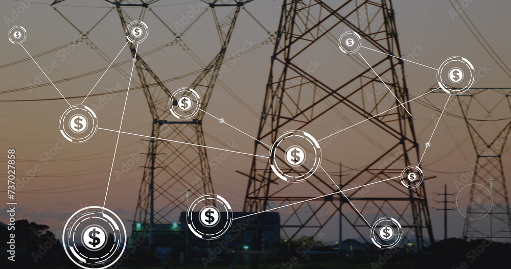Poster image of network of conncetions with icons over pylon