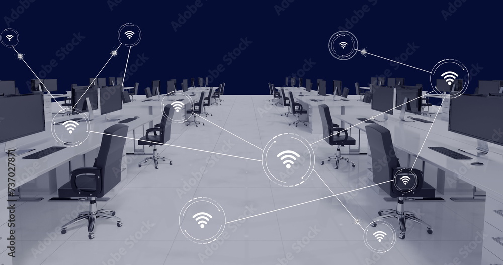 Poster image of network of conncetions with icons over office interior with desks and computers