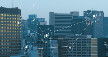 Image of network of conncetions with data processing over cityscape