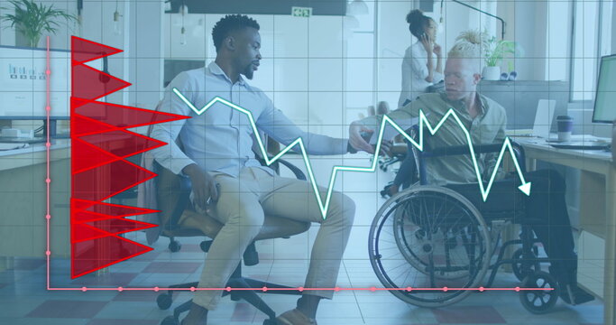 Image of data processing over disabled and diverse business people in office