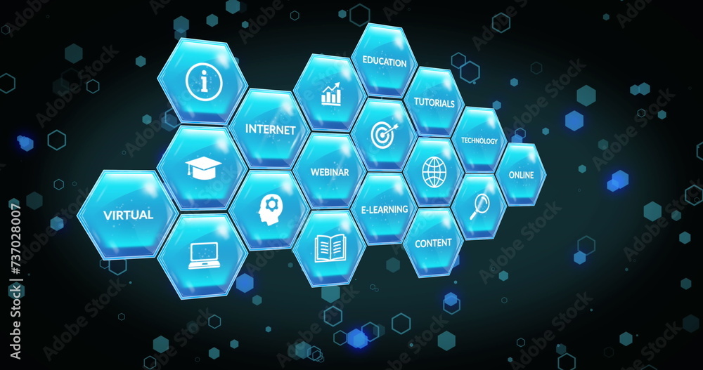 Aufkleber image of hexagons with icons and texts over shapes on black background