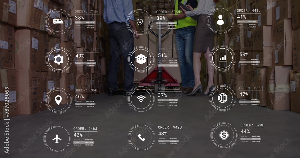Poster image of icons with data processing over diverse workers in warehouse