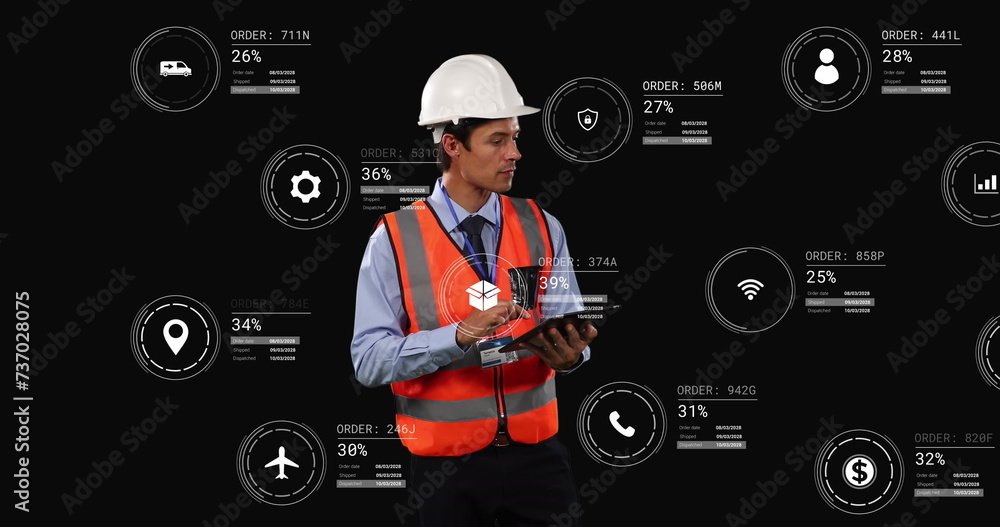 Wall mural image of icons with data processing over caucasian male worker using tablet