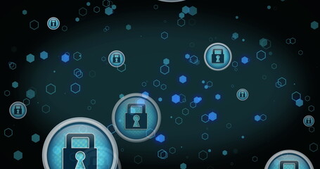 Image of padlock icons over shapes on black background