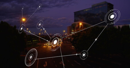 Image of network of conncetions with icons over cityscape