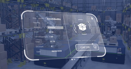 Image of digital interface with icons and data processing over diverse workers in warehouse