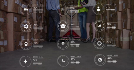Image of icons with data processing over diverse workers in warehouse
