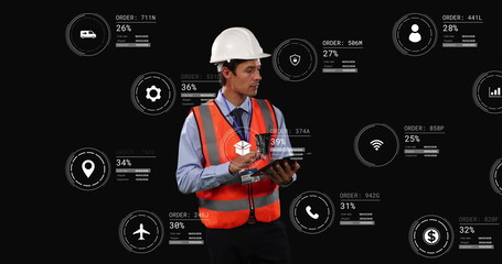 Image of icons with data processing over caucasian male worker using tablet