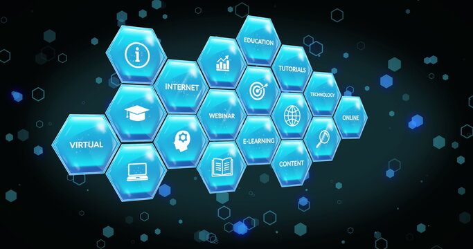 Image of hexagons with icons and texts over shapes on black background