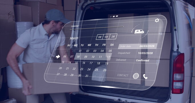 Image of digital interface with calendar and data processing over caucasian delivery man - Powered by Adobe