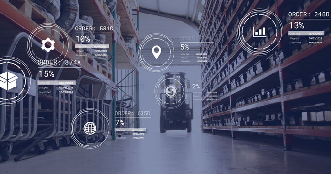 Image of icons with data processing over lift truck in warehouse