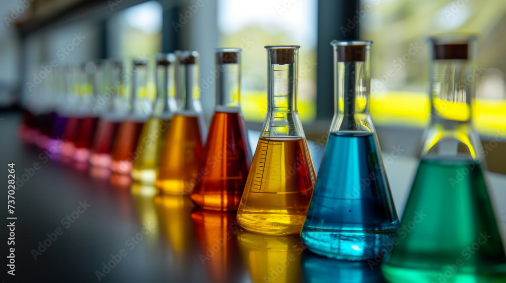 Poster chemical flasks with multi-colored liquid, reagents for experiments. transparent laboratory flask wi