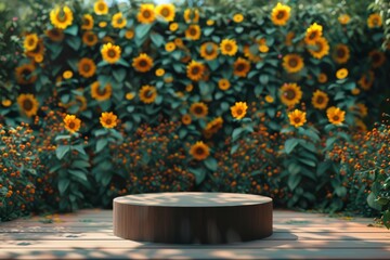 Fototapeta na wymiar whimsical display of nature’s artistry where sunflowers and red flowers bloom in abundance, encircling a wooden stage, under the magical glow of illuminated rings floating in the air
