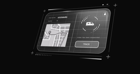 Image of digital interface with map and data processing on black background