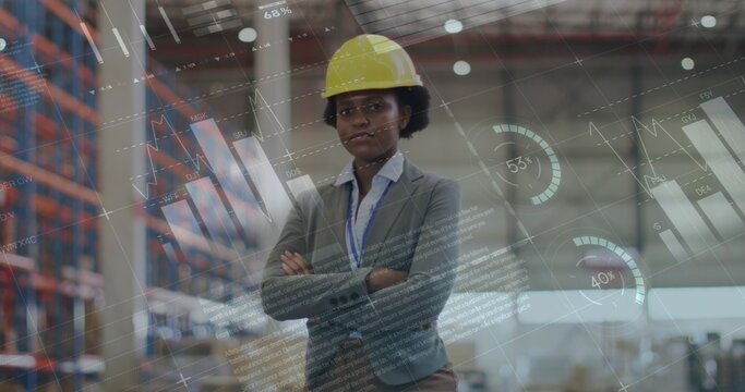 Image of statistics and data processing over african american woman working in warehouse