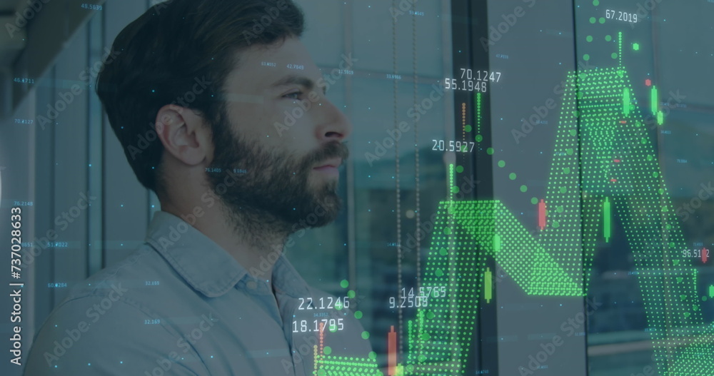 Poster image of icons and data processing over caucasian businessman working in office