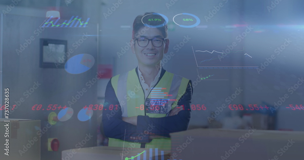 Poster Image of statistics and data processing over biracial man working in warehouse