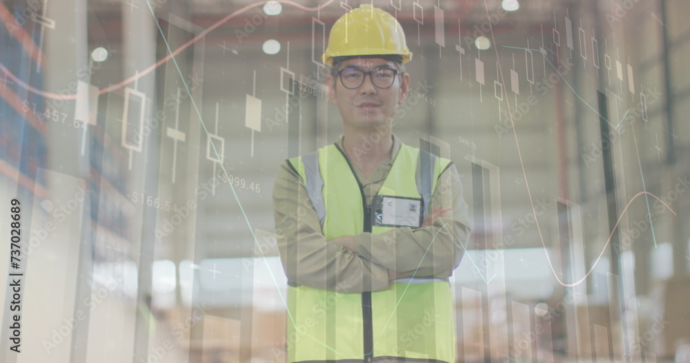 Poster image of statistics and data processing over biracial man working in warehouse