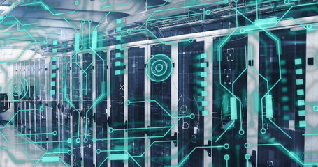 Image of connections and data processing over circuit board and servers
