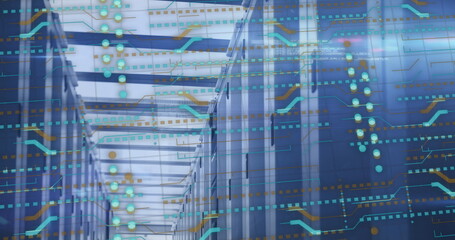 Image of servers, connections and data processing over circuit board