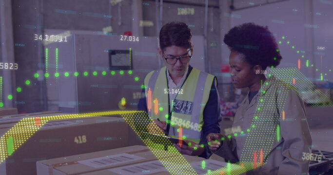 Image of financial data processing over diverse people working in warehouse