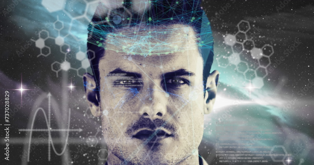 Poster image of digital interface with icons and data processing
