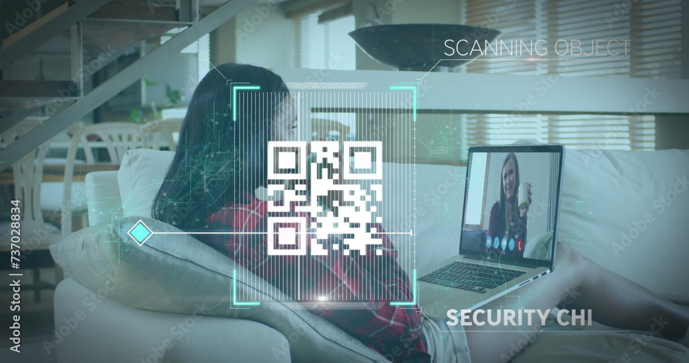 Aufkleber image of qr code security check over woman using laptop on image call