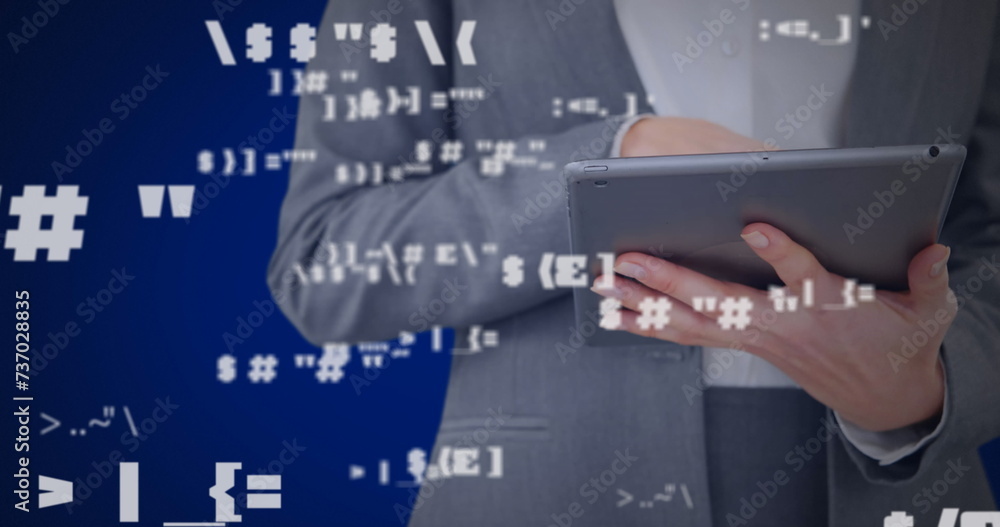 Poster image of digital interface with icons and data processing