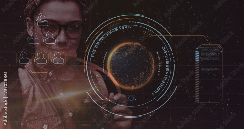 Poster image of digital interface with icons and data processing