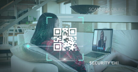 Image of qr code security check over woman using laptop on image call