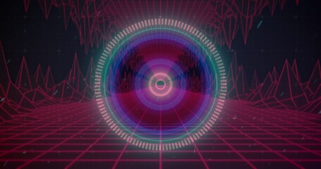 Image of scope scanning over glowing pink map and grid on black background