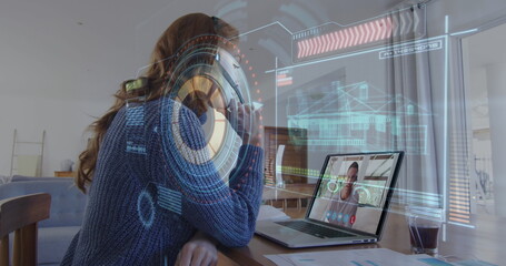 Image of scope scanning and data processing over woman using laptop on image call