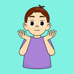 The boy looks in surprise and shrugs, raising his hands, has no idea