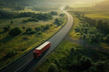 Truck driving on asphalt road along green landscape