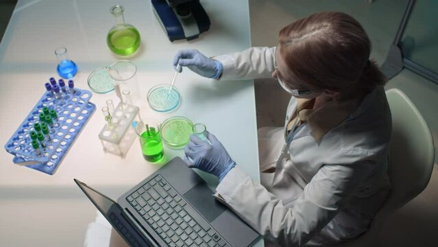Top shot of female scientist conducting experiment in laboratory - picking up blue solution from flask with pipette, dropping into Petri dish with cell cultures, checking result, typing on laptop