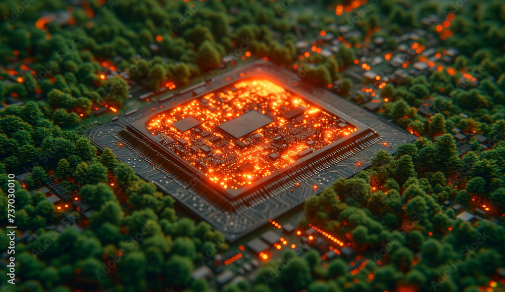 Poster a conceptual image of a cpu with glowing circuits surrounded by forest, symbolizing eco-friendly tec