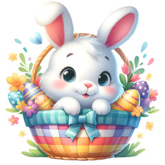 Easter Bunny in Easter Basket Clipart, Nursery Floral Bunny with Easter Flowers
