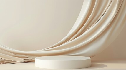 Cream background with pedestal and flying cream color silk cloth curtain.3D display product podium.