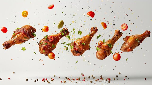 Flying chicken drumsticks. Generative AI