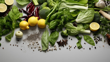 Various herbs, spices and vegetables on light grey background, top view