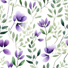 Seamless pattern purple flowers violets and green plant stems and leaves charming hand drawn simple clean minimalist design style for backgrounds wallpaper