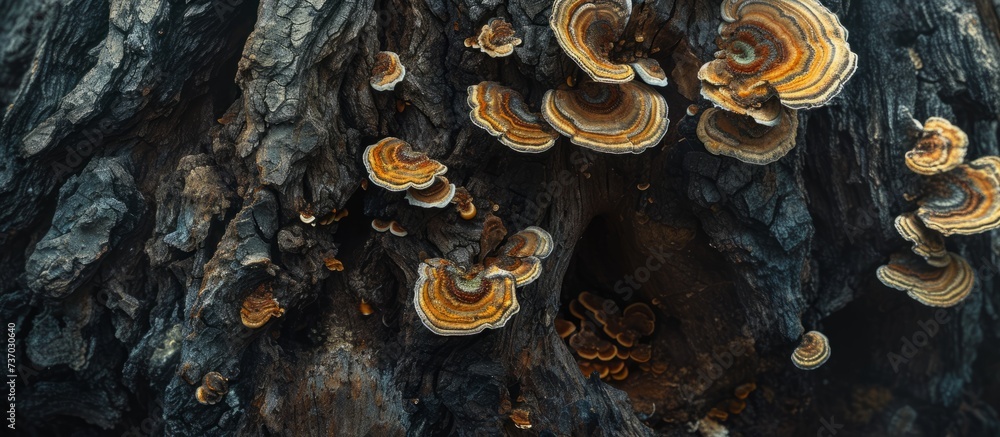 Poster closeup of a tree trunk covered in fungus, creating a unique pattern in the natural landscape. the w