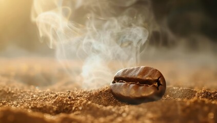 Close-up of a single coffee bean with steam rising against warm soft-focus background evoking sense of fresh aroma